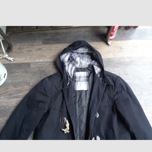 Zara Man Black Womens Trench Coat M Over Coat Rn 77302 Rope Wood Buttons B6 - Picture 3 of 5